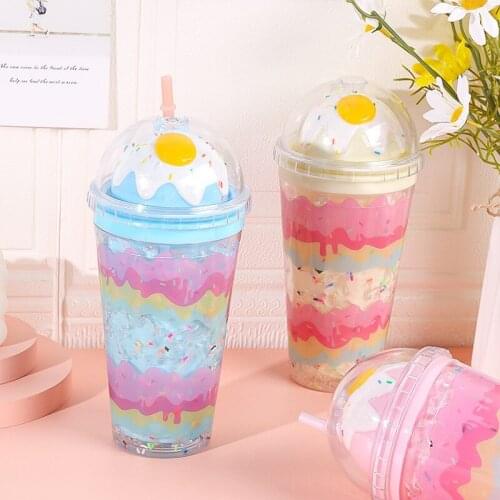 Lovely Bear Crushed Ice Cup Creative Cold Double Plastic Cup Portable Office Home Cold Drink Straw Cup In Summer