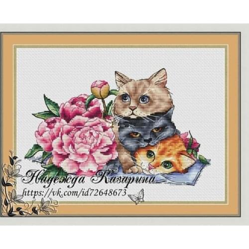 Flower and three kittens 32-24 cross stitch kit aida fabric 18ct 14ct canvas cotton thread embroidery kits DIY craft set