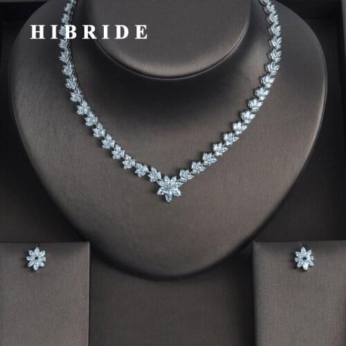 HIBRIDE Exquise Design Full Cubic Zirconia Jewelry Sets White Gold Color Earring Necklace Set Party Show Gifts N-336