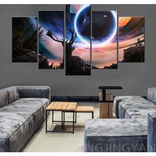 Wall Art HD Printed Pictures Canvas 5 Panel Animals Deer And Planet Landscape Home Decor Paintings Modular Posters Frame
