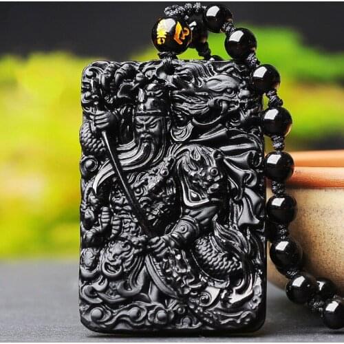 Natural Black Obsidian Guanyu Jade Pendant Necklace Hand-Carved Chinese Fashion Jewelry Charm Amulet Accessories for Men Gifts