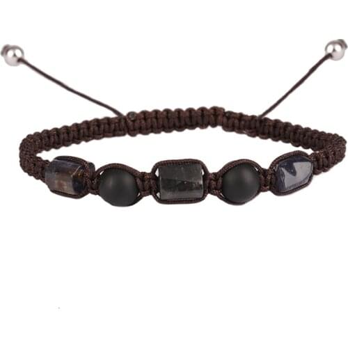 Natural rough black crystal semi precious stone matte onyx beads adjustable unisex handmade knots cord macrame bracelets