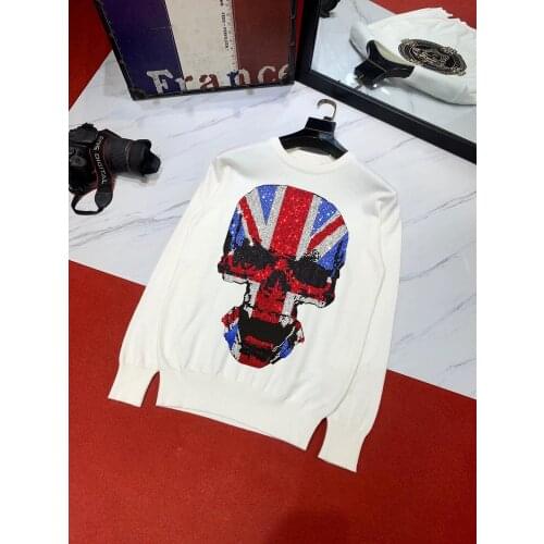 2021 New Hot Style Black Rhinestone Mens Knitted Sweater Winter Round O Neck Korean Thick Pullover