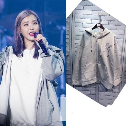 Kpop IU Lee Ji Eun New Harajuku Casual Hoodies Zipper Women Autumn Korean Oversized Loose Sweatshirt Pocket Girl Streetwear Coat