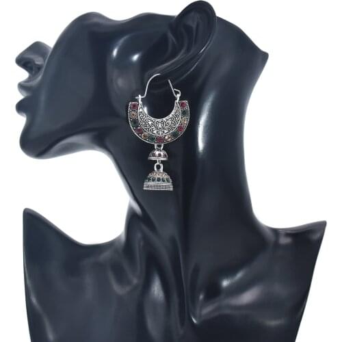 New Exaggerated Moon Flower Pendant Bohemian Retro Earrings Carved Geometric Jewelry Earrings With Colored Rhinestones