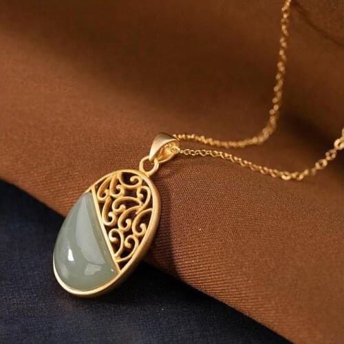 Newsilver inlaid natural Hetian Sapphire Pendant Necklace Chinese national retro palace style hollowed out charm womens jewelry