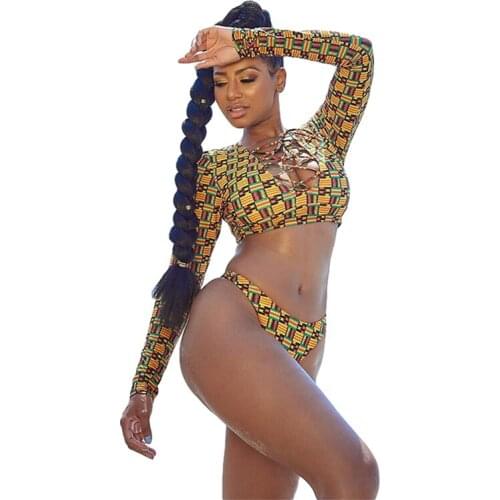 Sexy Womens Swimsuit Lace-up Long Sleeve Crop Top and High Waist Trunks Two-piece Set V-neck Printing Swimming Suit Biquini
