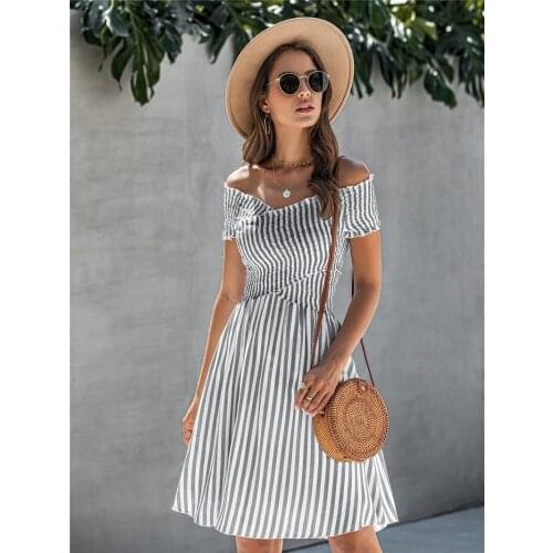 GOOHOJIO Summer Elegant Women Casual A-Line Dress V-Neck Striped Ladies Off The Shoulder Holiday Dresses for Women Femme Robe