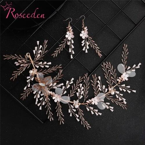 Romantic wedding Headband with Earrings Bridal Hair Accessories Crystal Pearl Wedding Bridal Headpiece Hair Veil RE3571