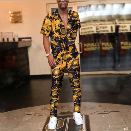 European and American hot style 2021 printed shirt casual suit mens trousers summer two-piece cross-border mens clothing