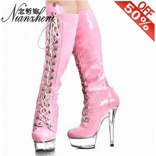 Sexy Patent leather Round toe Zipper Thigh high boots 15cm High heeled shoes Crystal Thick platform Novelty Cross dressing Party