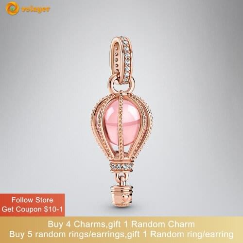 Volayer 925 Sterling Silver Bead Sparkling Pink Hot Air Balloon Dangle Charm fit Original Pandora Bracelets Women Jewelry Making