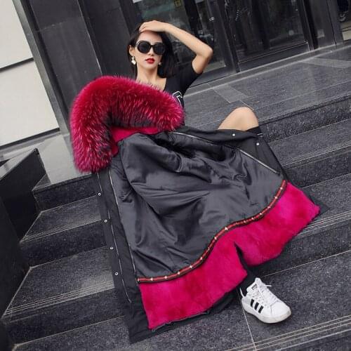 2019 coat rex rabbit fur liner over knee long outerwear jacket coats detachable hooded fur collar 2019 womens winter clothing