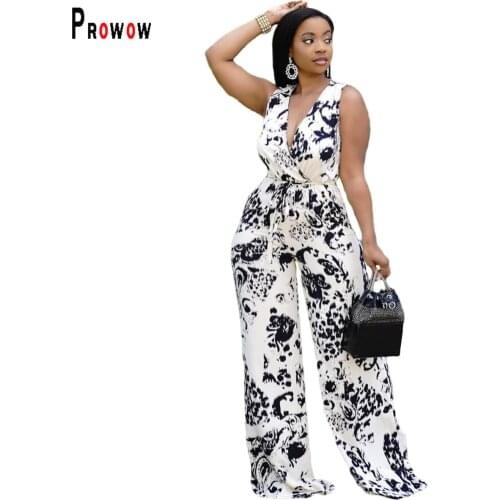 Prowow Sexy V-neck Women Jumpsuits 2021 New Summer Sleeveless Print One Piece Romper Fashion Wide Leg Pant Playsuits for Lady
