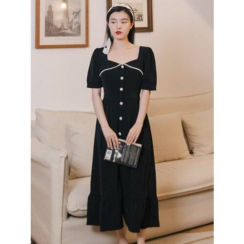 2021 Summer New Womens Pearl Decoration Square Neck Noble Temperament Thin Black Dress Wedding Party Dress Daily White Dress