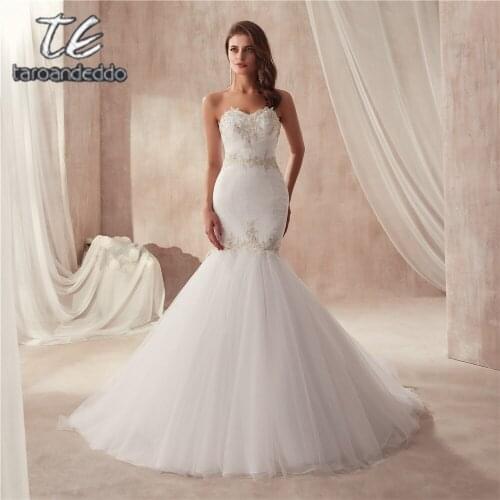 Vestido De Festa De Casamento Strapless Ruched Tulle Slim Sexy Mermaid Wedding Dress 2021 Silver Lace Applique Bridal Gowns