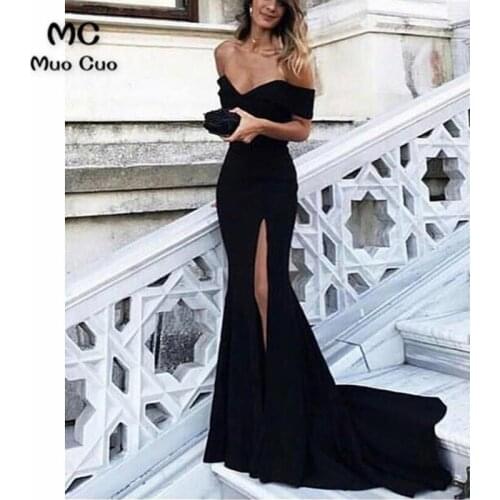 2019 New Mermaid Black Evening Prom Dresses Short Sleeve Elastic Satin Floor Length Front Slit Formal Evening Party Dresses