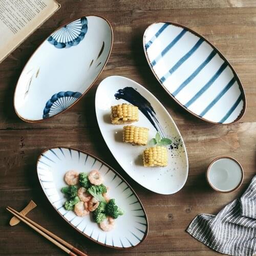 11 inch Japanese restaurant Japanese style hand-painted underglaze ceramic sushi plate oval dish dumpling plate