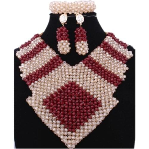 2017 Latest Wine And Gold Nigerian African Wedding Beads Jewelry Set Handmade Christmas Costume Jewelry Set For Bride Party Hot