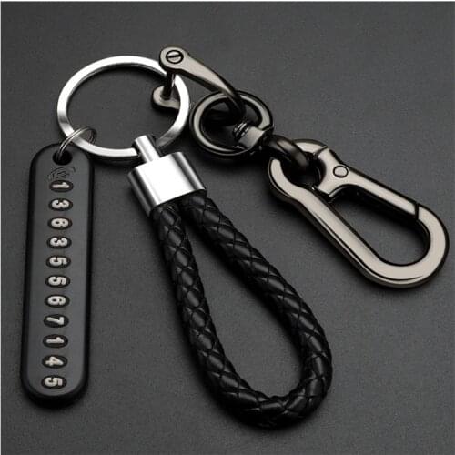 Anti-lost Car Keychain Phone Number Card Keyring Leather Bradied Phone Number Plate Key Ring Auto Vehicle Key Chain Accessories