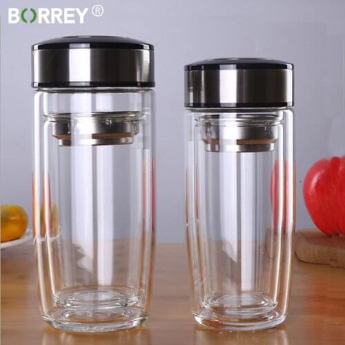 BORREY Double Wall Glass Water Bottle High Borosilicate Glass Bottle With Infuser Filter Sport Portable Sports Car Water Bottle