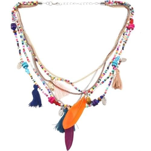 Elegant Womens Ethnic Style Feathers Tassels Beads Multi-layer Chain Necklace Gift Multicolor