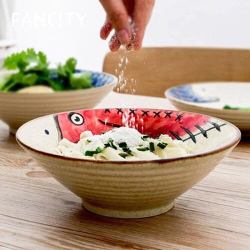 FANCITY Ramen Bowl Soup Bowl Household Instant Noodle Bowl Japanese Tableware Large Hat Noodle Horn 8-inch Ceramic Bowl