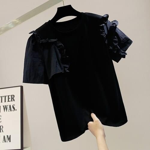 Cotton T Shirt Women Fashion Short Sleeve Ruffles Splicing Pullover Tee Summer New Casual All-Matching Tops Camisetas De Mujer
