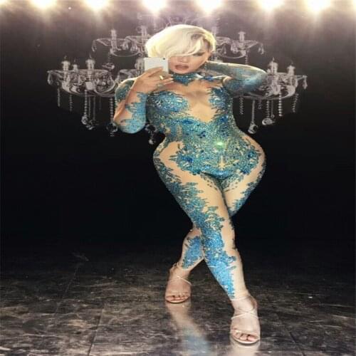 F65 Blue color ballroom dance jumpsuit sexy singer stage wears bodysuit diamonds dj ds outfit model club performance costumes