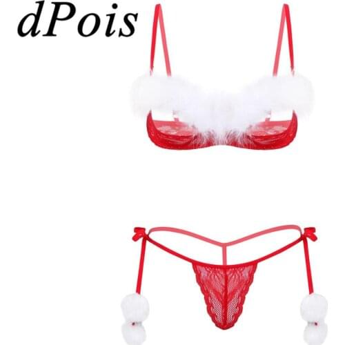 2Pcs Womens Christmas Sheer Lace Lingerie Set Spaghetti Straps Feather Trim Open Cups Lace Bra Top with G-string Thong Briefs