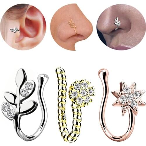 2Pcs Fitable Nose Cuff Crystal Leaf Sunflower Star Snake Fake Nose Ring Faux Nostril Piercing Tragus Earring Ear Clip Jewelry
