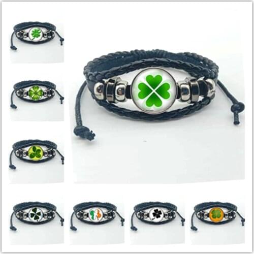 Black Multilayer Leather Bracelet Lucky Leaf Clover Flower Glass Bracelet Round Armor Bracelet Lucky Clover Charm Bracelet