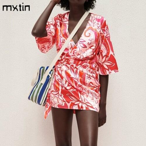 MXTIN 2021 Women Summer Fashion Floral Print Lace Mini Dress Vintage V-Neck Short Sleeve Female Party Casual Dresses Vestidos