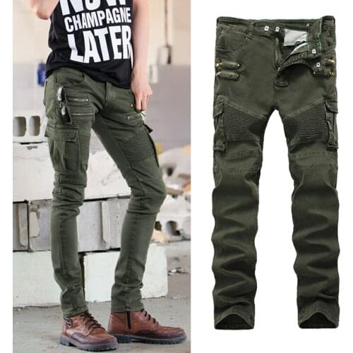 New Green Mens Motorcycle Denim Biker Jeans with Zippers Stretch for Man Skinny New Brand Slim Pants Plus Size 40 42 Trousers