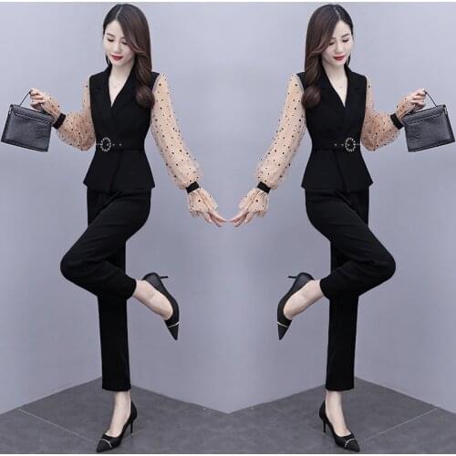 2020 Autumn Fashion Women Work Wear Clothes Shirt Coat And Pants 2 Piece Set Silm Office Lady Professional With Belt