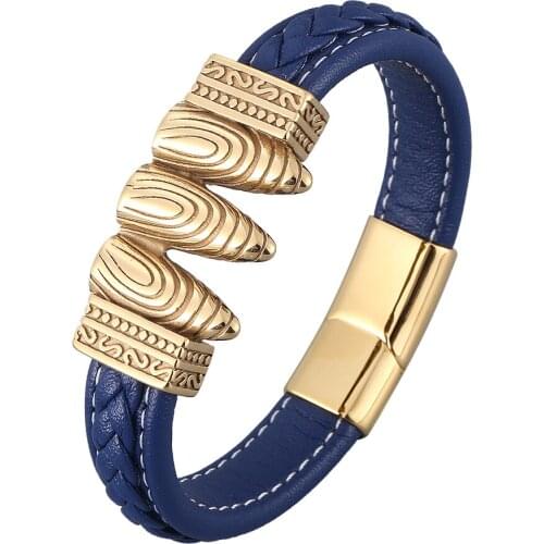 Punk Men Gold Color Bullet Shape Bracelet Magnetic Clasp Blue Braided Leather Bangles Fashion Charm Jewelry Gifts BB0909