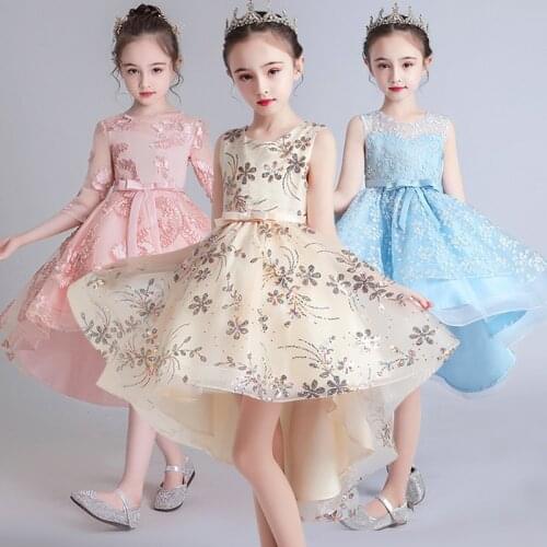 Flower Child Princess New Year Party Performance Embroidery Tail Dress Girls Birthday Party Dinner Sleeve Dress