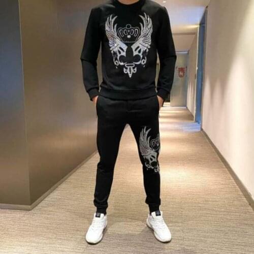Hot drilling Fashion sportswear mens set 2 pieces autumn winter new crown hot diamond casual tracksuit