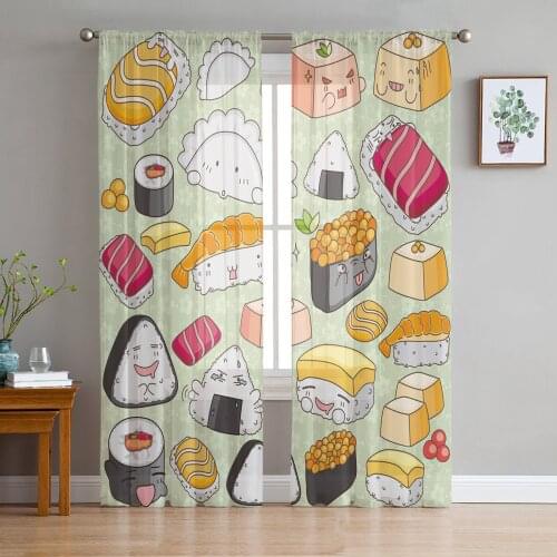 Sushi Cartoon Japanese Culture Delicious Food Tulle Curtains for Living Room Decoration Chiffon Sheer Voile Kitchen Curtain