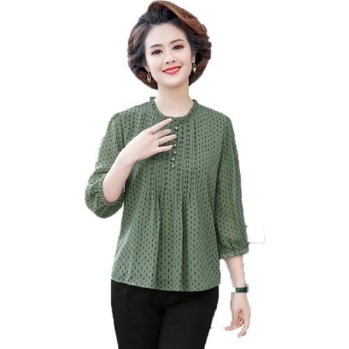 Women Spring Autumn Style Chiffon Blouses Shirts Lady Casual Long Sleeve O-Neck Polka Dot Printed Chiffon Blusas Tops