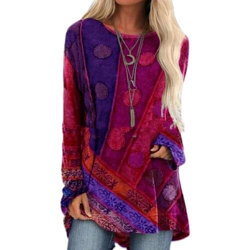 Plus Size Retro Women Shirt Autumn Winter Long Sleeve Ethnic Print Patchwork Loose Shirt Blouse Top