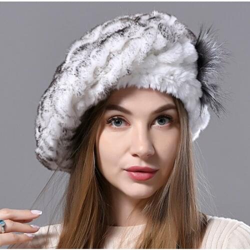 Womens Berets Natural Rex Rabbit Fur Hats Knitted Ladies Winter Warm 100% Real Fur Hats