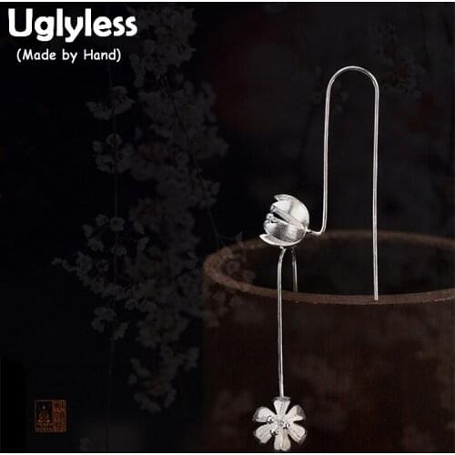 Uglyless S 925 Sterling Silver Jewelry Handmade Brushed Women Romantic Flower Earrings Ethnic Lotus Ear Hook Fine Brincos Bijoux