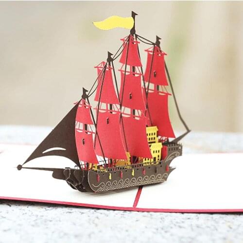 3D Pop Up Sailboat Ship Paper Sculpture DIY Handmade Invitation Greeting Card