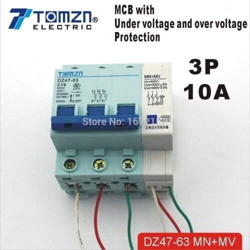3P 10A 400V~ 50HZ/60HZ MCB with over voltage and under voltage protection Mini Circuit breaker C45 C type