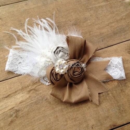 Free Shipping Autumn Dupioni Silk Roll Flower Ivory Ostrich Feather Headband Kids Hair Accessories