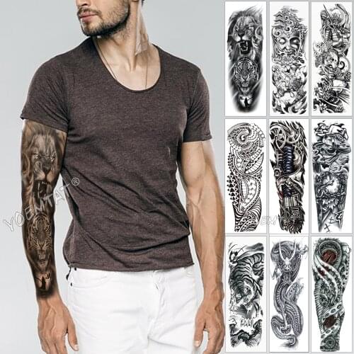 Large Arm Sleeve Tattoo Sketch Lion Tiger Waterproof Temporary Tatoo Sticker Wild Fierce Animal Men Full Bird Totem Tatto
