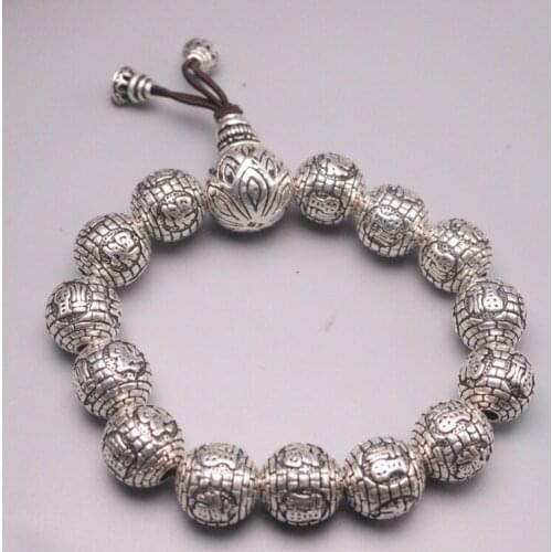 S925 Sterling Silver Bracelet Women Men Luck Bless Fu Word Round Beads Link Bracelet 13.5mmW 87-89g 7inches