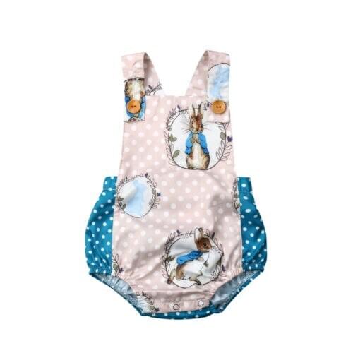 Newborn Infant Sunsuit Baby Boys and Girls Cute Bodysuit Cartoon Easter Bunny Fashion Sleeveless Blue Bodysuit Jumpsuit Set