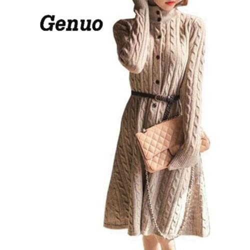 Long Sweater Dress Genuo Fall Winter Fashion Plus Size Cable Vintage Single-breasted Knee-length Belt Knitted Maxi Dress